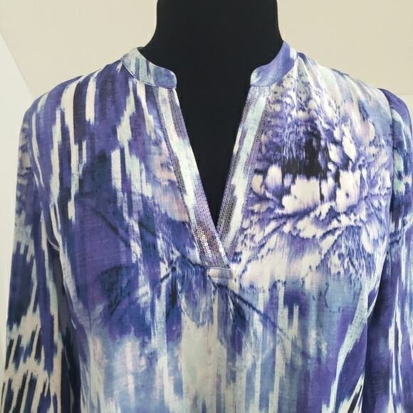 Chico's Tiered Layer Floral Asymmetric Hem 3/4 Sleeve High Low Blue White Tunic - Picture 5 of 13